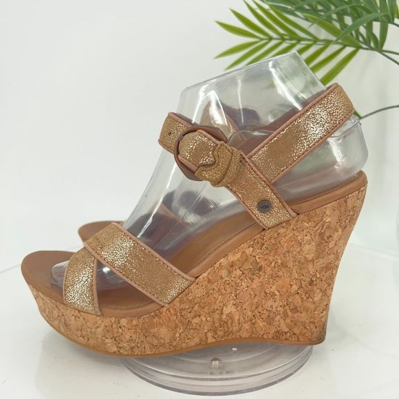 UGG Womens Size 8.5 Jazmine Wedge Metallic Gold Cork Sandals Shoes Platform - Picture 6 of 15